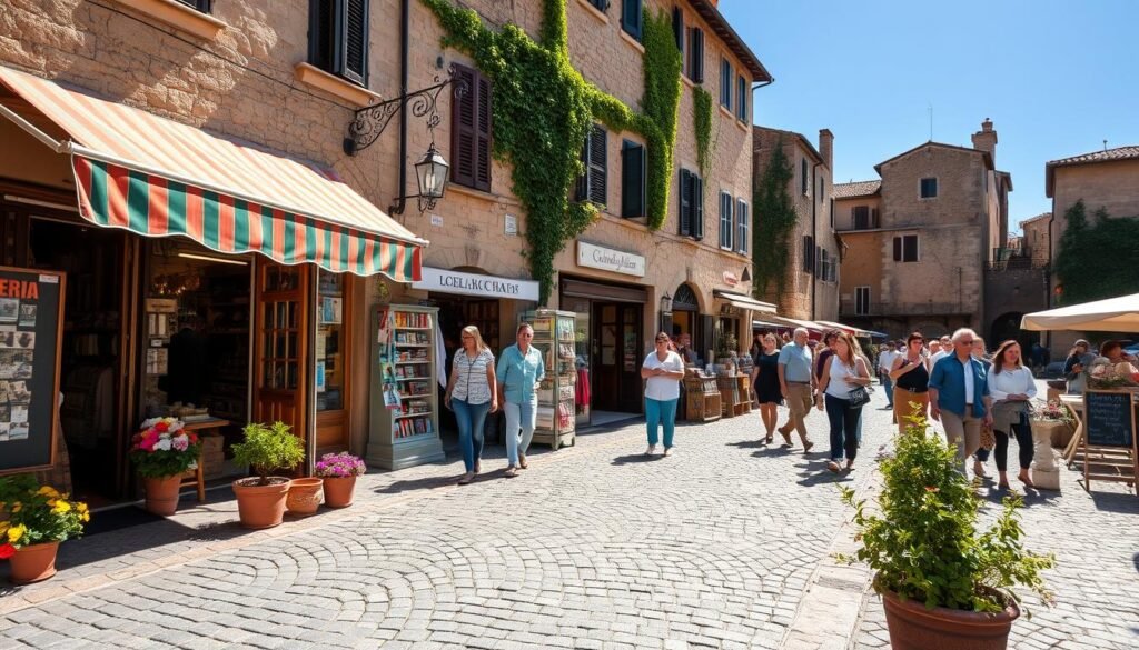 A charming, lesser-known Italian street scene in a small town, featuring rustic shops with colorful awnings and local crafts. In the foreground, a cobbled pathway lined with potted flowers leads toward a quaint gelateria and a vintage bookstore. In the middle ground, locals and visitors mingle, some in modest casual clothing, as they browse the various storefronts. The background showcases historic stone buildings adorned with climbing ivy, under a bright blue sky. The scene is bathed in warm, inviting afternoon light, creating a sense of nostalgia and community. Captured from a slightly elevated angle, the image conveys a serene yet lively atmosphere typical of Italy's hidden gems. A charming, lesser-known Italian street scene in a small town, featuring rustic shops with colorful awnings and local crafts. In the foreground, a cobbled pathway lined with potted flowers leads toward a quaint gelateria and a vintage bookstore. In the middle ground, locals and visitors mingle, some in modest casual clothing, as they browse the various storefronts. The background showcases historic stone buildings adorned with climbing ivy, under a bright blue sky. The scene is bathed in warm, inviting afternoon light, creating a sense of nostalgia and community. Captured from a slightly elevated angle, the image conveys a serene yet lively atmosphere typical of Italy's hidden gems.