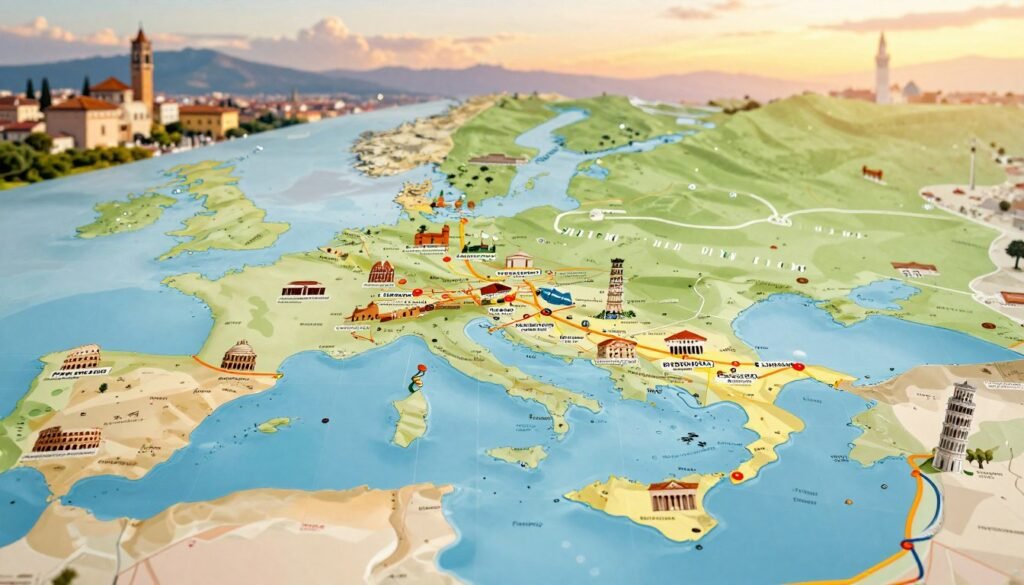 A detailed and vibrant map illustrating various Italian cities, designed for a per person trip budget. In the foreground, showcase distinct icons representing popular attractions like the Colosseum, the Leaning Tower of Pisa, and Venice's canals, each annotated with approximate costs. In the middle, include visually striking pathways connecting these cities, perhaps highlighted by thin lines, suggesting travel routes. The background should depict a softly illuminated Italian landscape, featuring rolling hills and iconic architecture under a warm sunset. Use a wide-angle perspective to capture the map’s details while ensuring a sense of depth. The mood should evoke excitement and anticipation for travel, with bright, engaging colors inviting viewers to explore Italy affordably. A detailed and vibrant map illustrating various Italian cities, designed for a per person trip budget. In the foreground, showcase distinct icons representing popular attractions like the Colosseum, the Leaning Tower of Pisa, and Venice's canals, each annotated with approximate costs. In the middle, include visually striking pathways connecting these cities, perhaps highlighted by thin lines, suggesting travel routes. The background should depict a softly illuminated Italian landscape, featuring rolling hills and iconic architecture under a warm sunset. Use a wide-angle perspective to capture the map’s details while ensuring a sense of depth. The mood should evoke excitement and anticipation for travel, with bright, engaging colors inviting viewers to explore Italy affordably.