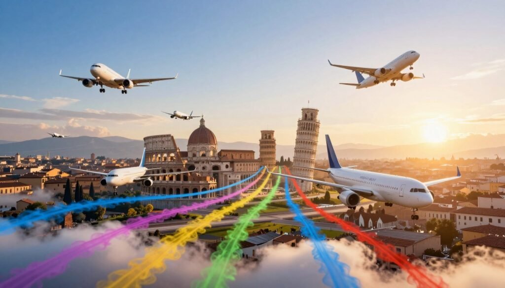 A dynamic aerial view of multiple aircraft in flight, representing different US airports, converging towards the iconic skyline of an Italian city, such as Rome or Florence. In the foreground, detailed flight paths drawn in vibrant colors weave through the air, symbolizing budget allocations for various expenses on a trip to Italy. The middle ground features the soft silhouette of famous Italian landmarks like the Colosseum or the Leaning Tower of Pisa, highlighted by a warm, golden sunset. The background includes a clear blue sky transitioning to softer pastels, casting gentle reflections on the clouds. The mood is optimistic and adventurous, capturing the excitement of planning a trip. The scene is well-lit, with a slight lens flare effect to enhance the feeling of travel and exploration. A dynamic aerial view of multiple aircraft in flight, representing different US airports, converging towards the iconic skyline of an Italian city, such as Rome or Florence. In the foreground, detailed flight paths drawn in vibrant colors weave through the air, symbolizing budget allocations for various expenses on a trip to Italy. The middle ground features the soft silhouette of famous Italian landmarks like the Colosseum or the Leaning Tower of Pisa, highlighted by a warm, golden sunset. The background includes a clear blue sky transitioning to softer pastels, casting gentle reflections on the clouds. The mood is optimistic and adventurous, capturing the excitement of planning a trip. The scene is well-lit, with a slight lens flare effect to enhance the feeling of travel and exploration.