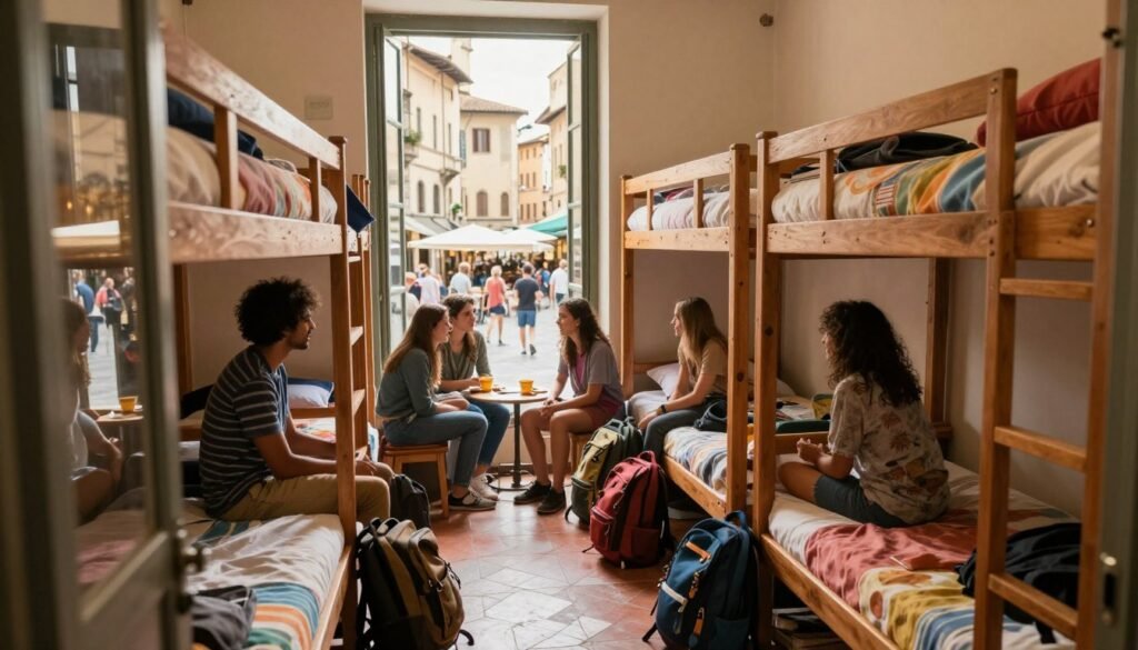 A lively hostel dorm accommodation scene in a central Italian city, showcasing a cozy, shared room with wooden bunk beds and colorful bed linens, filled with travelers of diverse backgrounds in modest casual clothing. In the foreground, an open window reveals a glimpse of bustling street life outside, with classic Italian architecture and vibrant cafes visible. The middle ground features backpacks, travel guides, and a small communal area where guests engage in conversation. Soft, warm sunlight filters through the window, creating a welcoming atmosphere. The background hints at historic buildings and a bustling piazza, capturing the essence of Italy. The overall mood is friendly and adventurous, inviting viewers to imagine their own journey in Italy. A lively hostel dorm accommodation scene in a central Italian city, showcasing a cozy, shared room with wooden bunk beds and colorful bed linens, filled with travelers of diverse backgrounds in modest casual clothing. In the foreground, an open window reveals a glimpse of bustling street life outside, with classic Italian architecture and vibrant cafes visible. The middle ground features backpacks, travel guides, and a small communal area where guests engage in conversation. Soft, warm sunlight filters through the window, creating a welcoming atmosphere. The background hints at historic buildings and a bustling piazza, capturing the essence of Italy. The overall mood is friendly and adventurous, inviting viewers to imagine their own journey in Italy.