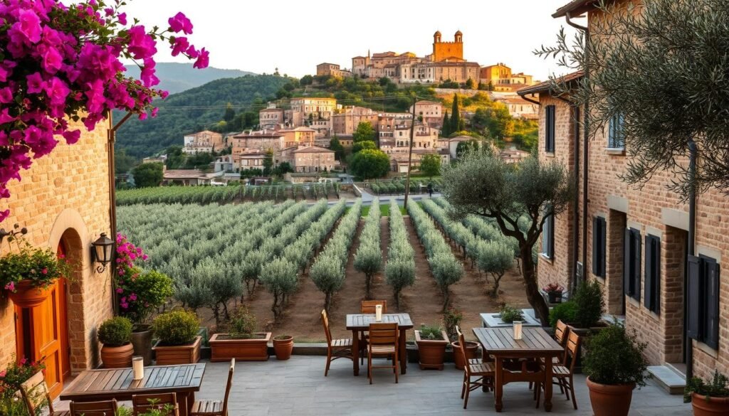 A picturesque agriturismo nestled outside a small Italian town, featuring rustic stone buildings adorned with vibrant bougainvillea and olive trees. In the foreground, a charming patio with wooden tables and blossoming flowers invites relaxation. The middle ground showcases rows of lush vineyards and neatly tended gardens, while the background reveals the town's ancient architecture atop a gentle hill, bathed in the golden glow of the setting sun. Soft, warm lighting enhances the idyllic atmosphere, evoking a sense of tranquility and connection to nature. Captured with a wide-angle lens to convey depth, this scene invites viewers to envision themselves enjoying the serene landscape of Italy's countryside. A picturesque agriturismo nestled outside a small Italian town, featuring rustic stone buildings adorned with vibrant bougainvillea and olive trees. In the foreground, a charming patio with wooden tables and blossoming flowers invites relaxation. The middle ground showcases rows of lush vineyards and neatly tended gardens, while the background reveals the town's ancient architecture atop a gentle hill, bathed in the golden glow of the setting sun. Soft, warm lighting enhances the idyllic atmosphere, evoking a sense of tranquility and connection to nature. Captured with a wide-angle lens to convey depth, this scene invites viewers to envision themselves enjoying the serene landscape of Italy's countryside.