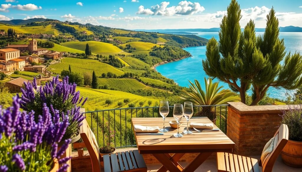 A picturesque scene of romantic Italian getaways positioned between the charming town of Pienza and stunning coastal views. In the foreground, a cozy terrace adorned with lavender pots and a rustic wooden table set for two with elegant tableware, bathed in soft golden sunlight. The middle ground reveals rolling hills covered in vibrant green vineyards and olive groves, leading towards the quaint stone buildings of Pienza, with rolling Tuscan landscapes melting into the backdrop. The horizon showcases a calming blue Mediterranean sea, sparkling under a bright blue sky dotted with fluffy white clouds. The atmosphere is serene and intimate, evoking a sense of tranquility and romance. Use a wide-angle lens to capture the vastness of this idyllic landscape, emphasizing the enchanting interplay of light and shadow. A picturesque scene of romantic Italian getaways positioned between the charming town of Pienza and stunning coastal views. In the foreground, a cozy terrace adorned with lavender pots and a rustic wooden table set for two with elegant tableware, bathed in soft golden sunlight. The middle ground reveals rolling hills covered in vibrant green vineyards and olive groves, leading towards the quaint stone buildings of Pienza, with rolling Tuscan landscapes melting into the backdrop. The horizon showcases a calming blue Mediterranean sea, sparkling under a bright blue sky dotted with fluffy white clouds. The atmosphere is serene and intimate, evoking a sense of tranquility and romance. Use a wide-angle lens to capture the vastness of this idyllic landscape, emphasizing the enchanting interplay of light and shadow.