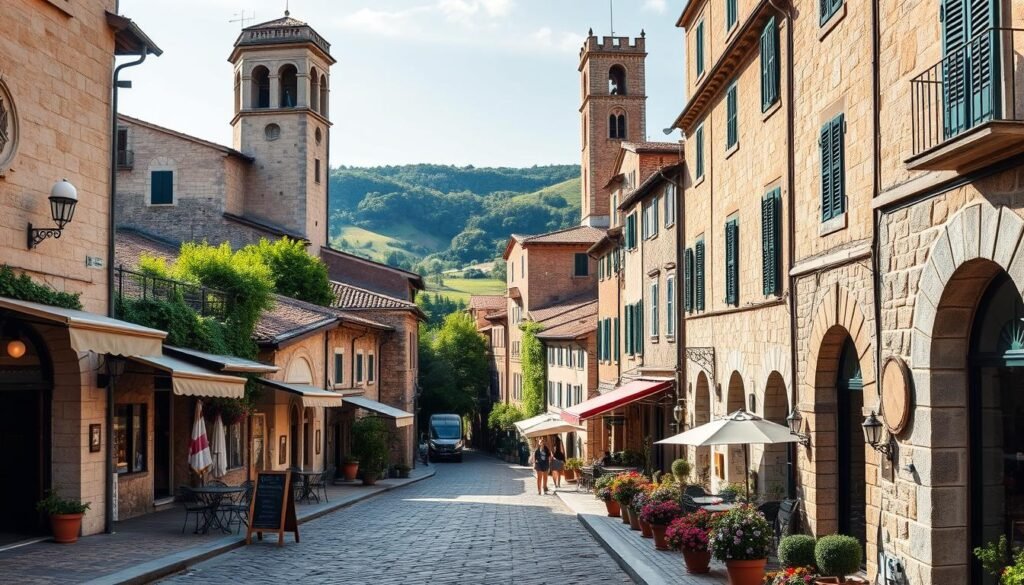 A picturesque street lined with historic Italian architecture in stone, showcasing UNESCO heritage sites. In the foreground, charming cobblestone paths lead to quaint cafés with outdoor seating, adorned with vibrant flowers. The middle ground features ancient buildings with intricate stone carvings and terracotta rooftops, bathed in warm sunlight. Towering above, classic bell towers and arched windows create a stunning skyline. In the background, rolling hills and lush greenery enhance the beauty of this idyllic Italian landscape. The scene captures a serene, inviting atmosphere, perfect for exploring small towns in Italy, with soft, natural lighting highlighting the architectural details. The composition is framed as if viewed through a wide-angle lens, giving a sense of depth and perspective. A picturesque street lined with historic Italian architecture in stone, showcasing UNESCO heritage sites. In the foreground, charming cobblestone paths lead to quaint cafés with outdoor seating, adorned with vibrant flowers. The middle ground features ancient buildings with intricate stone carvings and terracotta rooftops, bathed in warm sunlight. Towering above, classic bell towers and arched windows create a stunning skyline. In the background, rolling hills and lush greenery enhance the beauty of this idyllic Italian landscape. The scene captures a serene, inviting atmosphere, perfect for exploring small towns in Italy, with soft, natural lighting highlighting the architectural details. The composition is framed as if viewed through a wide-angle lens, giving a sense of depth and perspective.