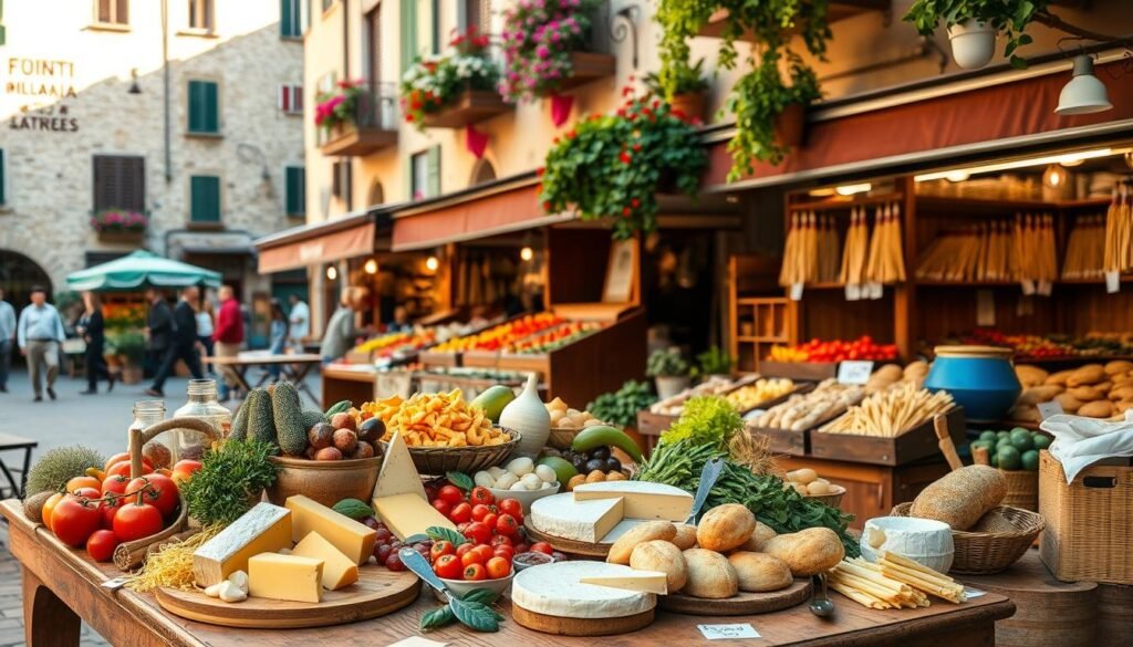 A quaint Italian market serves as the backdrop, bustling with charm and local flavor. In the foreground, a beautifully arranged wooden table displays an array of regional food traditions: artisanal cheeses, cured meats, vibrant vegetables, and traditional breads, all artfully positioned. The middle ground features rich wooden stalls filled with colorful produce and handmade pasta, while a warm, inviting atmosphere is created by soft, golden afternoon light. In the background, the market is nestled among rustic stone buildings adorned with flowering balconies, showcasing the essence of a small Italian town. The scene captures a serene yet lively mood, inviting viewers to experience the culinary delights and local culture. The shot is taken from a slightly elevated angle, highlighting both the food and the bustling market life. A quaint Italian market serves as the backdrop, bustling with charm and local flavor. In the foreground, a beautifully arranged wooden table displays an array of regional food traditions: artisanal cheeses, cured meats, vibrant vegetables, and traditional breads, all artfully positioned. The middle ground features rich wooden stalls filled with colorful produce and handmade pasta, while a warm, inviting atmosphere is created by soft, golden afternoon light. In the background, the market is nestled among rustic stone buildings adorned with flowering balconies, showcasing the essence of a small Italian town. The scene captures a serene yet lively mood, inviting viewers to experience the culinary delights and local culture. The shot is taken from a slightly elevated angle, highlighting both the food and the bustling market life.
