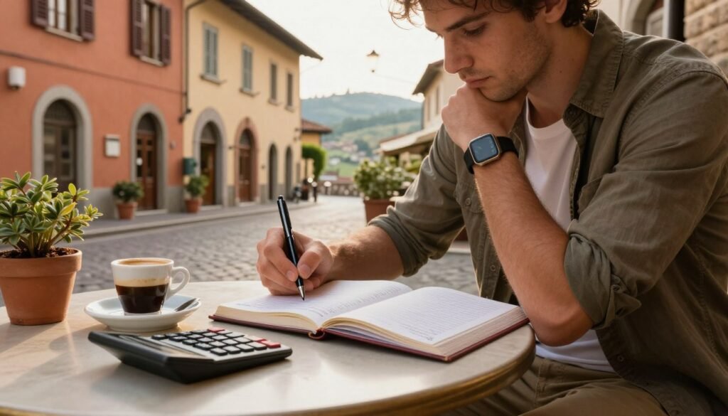 A thoughtful traveler seated at a quaint café table in Italy, meticulously writing a daily budget for their upcoming trip. The foreground features an open notebook filled with notes, a calculator, and a steaming cup of espresso. The traveler, dressed in smart casual attire, is absorbed in their calculations. In the middle ground, charming Italian architecture, with warm terracotta colors and rustic shutters. A scattering of potted plants adds a natural touch. In the background, picturesque cobblestone streets and glimpses of rolling hills under soft afternoon sunlight create a serene atmosphere. The scene conveys a sense of planning and anticipation for adventure, with a warm, inviting color palette and soft, diffused lighting from the late afternoon sun. A thoughtful traveler seated at a quaint café table in Italy, meticulously writing a daily budget for their upcoming trip. The foreground features an open notebook filled with notes, a calculator, and a steaming cup of espresso. The traveler, dressed in smart casual attire, is absorbed in their calculations. In the middle ground, charming Italian architecture, with warm terracotta colors and rustic shutters. A scattering of potted plants adds a natural touch. In the background, picturesque cobblestone streets and glimpses of rolling hills under soft afternoon sunlight create a serene atmosphere. The scene conveys a sense of planning and anticipation for adventure, with a warm, inviting color palette and soft, diffused lighting from the late afternoon sun.