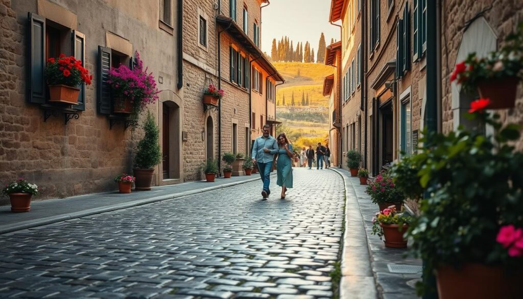 A tranquil historic street in a charming Italian small town during the beautiful shoulder season. In the foreground, cobblestone paving glistens softly from a recent rain, bordered by quaint, colorful flowerpots. The middle ground showcases rustic stone buildings with warm, earthy tones, their windows adorned with vibrant window boxes overflowing with blooming plants. A couple dressed in modest casual clothing strolls leisurely, enjoying the peaceful atmosphere. In the background, softly illuminated by the golden hour sunlight, the warm hues of sunset wash over a distant hillside, dotted with cypress trees. The scene conveys a sense of serenity and timeless beauty, inviting viewers to experience the idyllic charm of Italy's less-crowded towns. The photo is captured with a shallow depth of field, creating a dreamy bokeh effect around the edges. A tranquil historic street in a charming Italian small town during the beautiful shoulder season. In the foreground, cobblestone paving glistens softly from a recent rain, bordered by quaint, colorful flowerpots. The middle ground showcases rustic stone buildings with warm, earthy tones, their windows adorned with vibrant window boxes overflowing with blooming plants. A couple dressed in modest casual clothing strolls leisurely, enjoying the peaceful atmosphere. In the background, softly illuminated by the golden hour sunlight, the warm hues of sunset wash over a distant hillside, dotted with cypress trees. The scene conveys a sense of serenity and timeless beauty, inviting viewers to experience the idyllic charm of Italy's less-crowded towns. The photo is captured with a shallow depth of field, creating a dreamy bokeh effect around the edges.