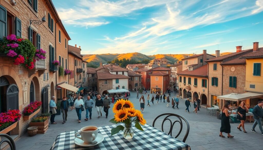 An idyllic Italian town, showcasing picturesque streets lined with charming stone houses adorned with vibrant flowers. In the foreground, a rustic café table with a checkered tablecloth, two cups of espresso, and a small vase of sunflowers. The middle ground reveals locals in modest casual attire strolling through the square, mingling with tourists marveling at the architecture and artisanal shops. A backdrop of rolling hills painted in soft sunset hues, casting a golden glow over terracotta rooftops. A clear blue sky with wispy clouds enhances the tranquil atmosphere. The scene is captured with a wide-angle lens, emphasizing depth and warmth, creating a sense of wanderlust and discovery in the heart of Italy’s best small towns. An idyllic Italian town, showcasing picturesque streets lined with charming stone houses adorned with vibrant flowers. In the foreground, a rustic café table with a checkered tablecloth, two cups of espresso, and a small vase of sunflowers. The middle ground reveals locals in modest casual attire strolling through the square, mingling with tourists marveling at the architecture and artisanal shops. A backdrop of rolling hills painted in soft sunset hues, casting a golden glow over terracotta rooftops. A clear blue sky with wispy clouds enhances the tranquil atmosphere. The scene is captured with a wide-angle lens, emphasizing depth and warmth, creating a sense of wanderlust and discovery in the heart of Italy’s best small towns.