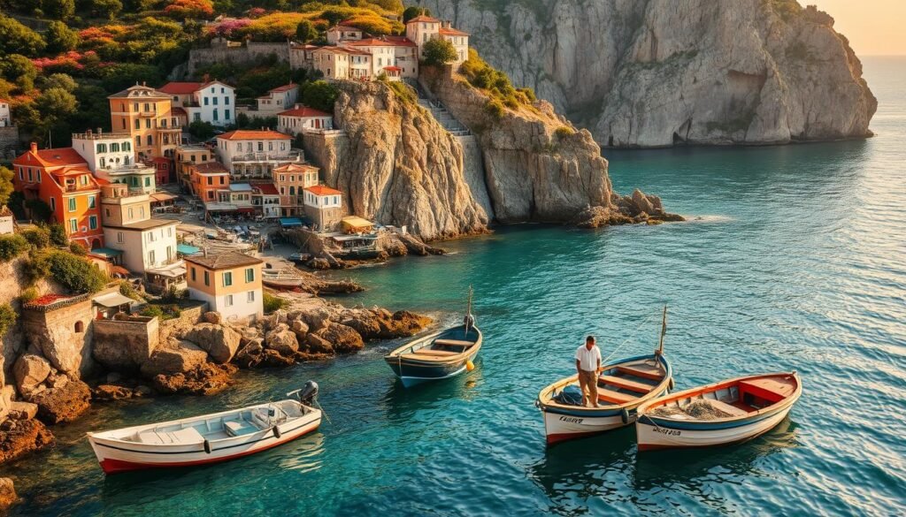 Coastal fishing hamlets dotting the rugged cliffs along the Adriatic coast, featuring charming colorful houses nestled against the rocky shoreline. In the foreground, fishing boats gently bob on clear turquoise waters, with fishermen in modest casual clothing preparing their nets. The middle ground showcases lush greenery and vibrant wildflowers flourishing atop the cliffs, contrasting beautifully with the coastal views. The background reveals dramatic limestone cliffs rising sharply from the sea, bathed in the warm golden light of sunset, casting long shadows. A soft, inviting atmosphere envelops the scene, evoking a sense of tranquility and charm that embodies the essence of Italy's coastal small towns, depicted from a slightly elevated angle with a focus on depth and perspective. Coastal fishing hamlets dotting the rugged cliffs along the Adriatic coast, featuring charming colorful houses nestled against the rocky shoreline. In the foreground, fishing boats gently bob on clear turquoise waters, with fishermen in modest casual clothing preparing their nets. The middle ground showcases lush greenery and vibrant wildflowers flourishing atop the cliffs, contrasting beautifully with the coastal views. The background reveals dramatic limestone cliffs rising sharply from the sea, bathed in the warm golden light of sunset, casting long shadows. A soft, inviting atmosphere envelops the scene, evoking a sense of tranquility and charm that embodies the essence of Italy's coastal small towns, depicted from a slightly elevated angle with a focus on depth and perspective.