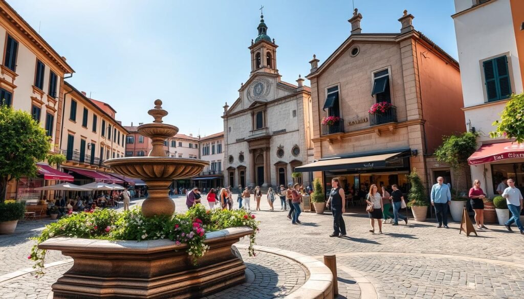 Historic piazzas and UNESCO heritage sites in a charming small Italian town, featuring cobblestone streets lined with vibrant cafes and local artisan shops. Foreground includes a classic stone fountain surrounded by lush greenery and blooming flowers. In the middle, an elegant piazza with traditional architecture, adorned with hanging flower baskets and bustling with visitors in modest casual clothing, enjoying the atmosphere. The background showcases a magnificent medieval church with intricate details and a bell tower, under a clear blue sky. Soft, warm sunlight bathes the scene, creating a welcoming and inviting mood. The camera angle captures the piazza from a slight elevation, emphasizing the depth and vibrancy of the town's historic charm. Historic piazzas and UNESCO heritage sites in a charming small Italian town, featuring cobblestone streets lined with vibrant cafes and local artisan shops. Foreground includes a classic stone fountain surrounded by lush greenery and blooming flowers. In the middle, an elegant piazza with traditional architecture, adorned with hanging flower baskets and bustling with visitors in modest casual clothing, enjoying the atmosphere. The background showcases a magnificent medieval church with intricate details and a bell tower, under a clear blue sky. Soft, warm sunlight bathes the scene, creating a welcoming and inviting mood. The camera angle captures the piazza from a slight elevation, emphasizing the depth and vibrancy of the town's historic charm. Italy